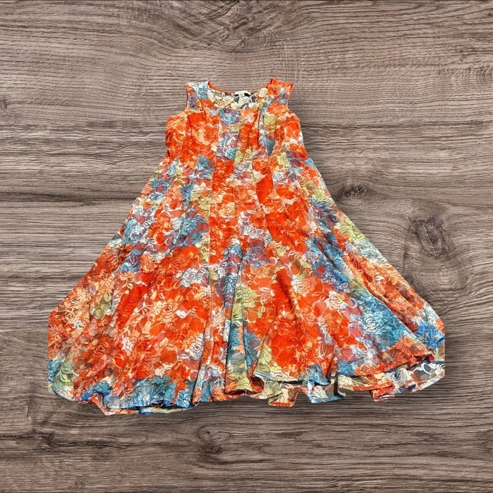 Leslie Fay Women’s Floral Lace Sleeveless Dress Slip Orange Blue Scoop Neck 14W